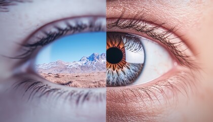 Naklejka premium A surreal representation of a human eye, reflecting a stunning landscape within, symbolizing vision and perception.