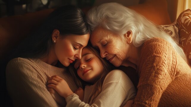 Three female generations family portrait Cute girl hugging tightly beloved mom and grandma Mother and grandmother embracing cuddling granddaughter on couch at home enjoying leisure tim : Generative A