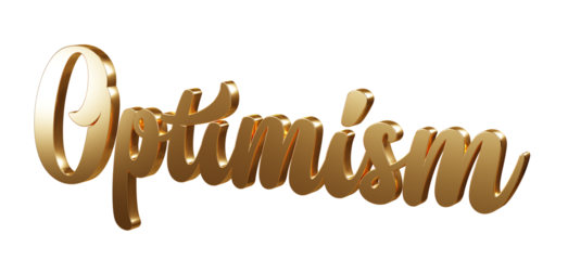 Luxury 3D gold text "Optimism" on transparent background. Three dimensional Realistic script letters for logotype, symbol, signage, message etc.