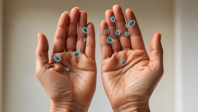 Close-up of a pair of hands covered in germs and bacteria, visible as tiny, translucent organisms crawling on the skin.