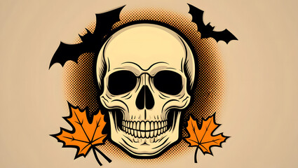 Fototapeta premium A prominent skull stands out in the center, reminiscent of a Halloween night sky, decorated with a few maple leaves and bats flying overhead. Retro colors of black and orange create a spooky feel.