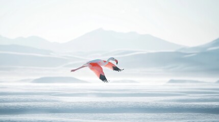 A pink flamingo gracefully flying above a snowy terrain with mountains in the background.