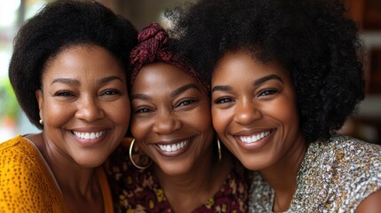 Three generations of beautiful black women smiling together in a heartwarming family portrait