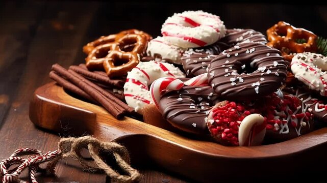 Wooden serving tray is overflowing with chocolate covered pretzels, cookies, and candy canes. The festive treats are topped with red and white sprinkles for a delicious holiday snack