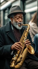 Naklejka premium Elderly street musician passionately playing a saxophone in a subway station.