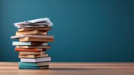Stack of Books and Papers on Wooden Desk Background