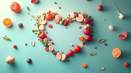 A glowing heartshaped wreath of seasonal fruits and vegetables, Seasonal Healthy Heart, wellness through seasonal eating