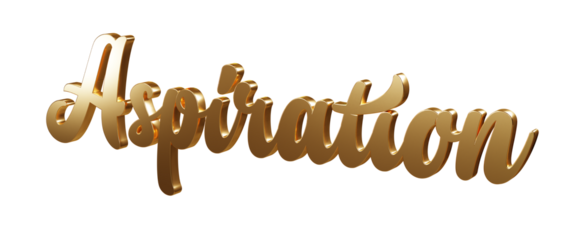 Luxury 3D gold text "Aspiration" on transparent background. Three dimensional Realistic script letters for logotype, symbol, signage, message etc.