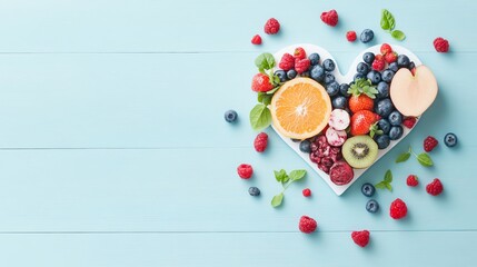 Closeup of a heartshaped arrangement of fresh produce, Healthy Eating for Heart Care, nutrition and wellness representation