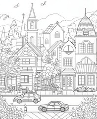 Obraz premium coloring book, cartoon style, street in the city in white background, houses, tree, garden, small shops, bus stop, church, cars 