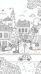 Obraz premium coloring book, cartoon style, street in the city in white background, houses, tree, garden, small shops, bus stop, church, cars 