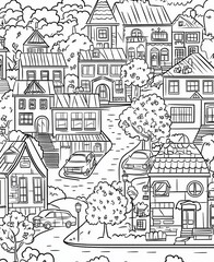 Fototapeta premium coloring book, cartoon style, street in the city in white background, houses, tree, garden, small shops, bus stop, church, cars 