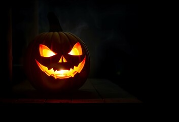 A dark, eerie poster featuring a glowing jack-o'-lantern sitting on a rustic wooden porch, surrounded by swirling mist.