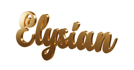 Luxury 3D gold text "Elysian" on transparent background. Three dimensional Realistic script letters for logotype, symbol, signage, message etc.