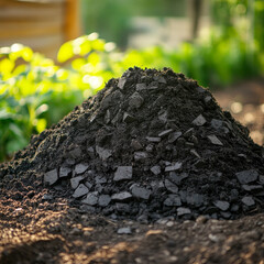 large pile of biochar sits in garden, surrounded by vibrant green plants. This organic material enhances soil quality and promotes healthy plant growth