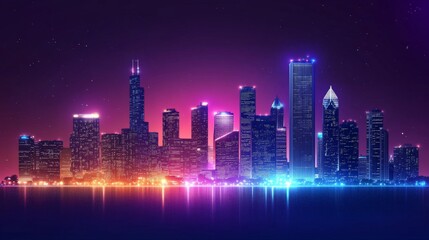 Naklejka premium Mesmerizing Neon Cityscape at Night with Vibrant Reflections