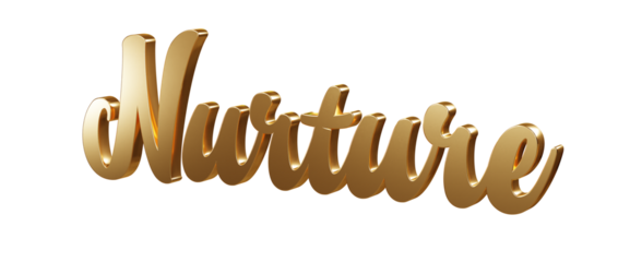Luxury 3D gold text "Nurture" on transparent background. Three dimensional Realistic script letters for logotype, symbol, signage, message etc.