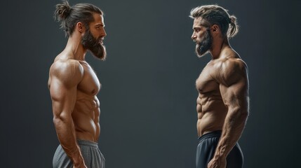 A side-by-side comparison of a mans physique before and after an intense fitness journey.