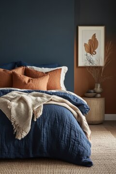 modern bedroom design, create a cozy retreat with a modern two-tone wall in indigo and terracotta, complemented by soft textiles and natural textures for a relaxing bedroom