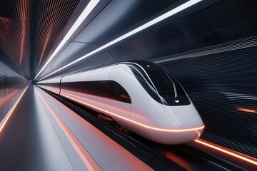 Fototapeta premium A sleek, futuristic train awaits in a high-tech tunnel illuminated by glowing lines, showcasing advanced transportation technology.