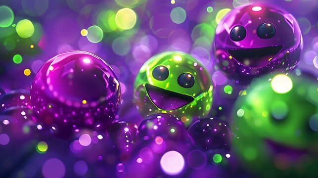 Happy purple and green emoji balls with vibrant abstract purple and green background, RGB lights glowing inside
