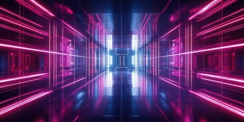 a dark corridor with neon lights