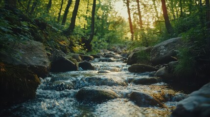 Mountain stream flowing through dense forest