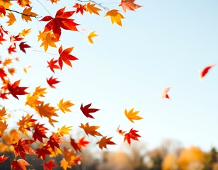 Fototapeta premium A dynamic poster featuring a flurry of colorful autumn leaves being swept by the wind across the frame.