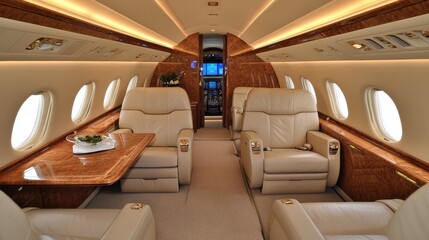 Fototapeta premium Wide-angle view of a modern private jet interior, featuring large leather seats, a polished table, and soft ambient lighting for an exclusive experience.