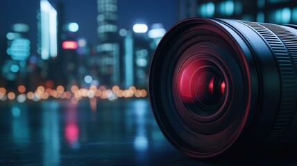 A close-up of a camera lens with a vibrant city skyline in the background, illuminated by night lights, creating a modern and dynamic atmosphere.