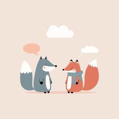 Children's illustration, conversation of two foxes with text frames. One fox in a scarf. Vector illustration in flat style. For children's books, stories and fairy tales