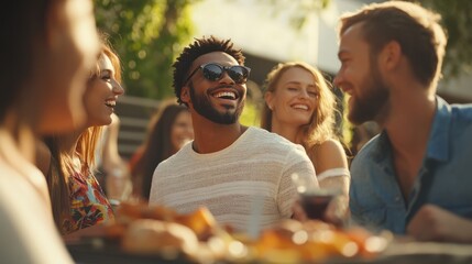 Cheerful diverse company of friends as inclusivity and diversity concept outside on a corporate grill party picnic