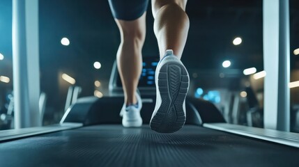 Close up of feet, sportman runner running on treadmill in fitness club. The individual, a dedicated athlete, is actively training in the gym, emphasizing a commitment to a healthy lifestyle.