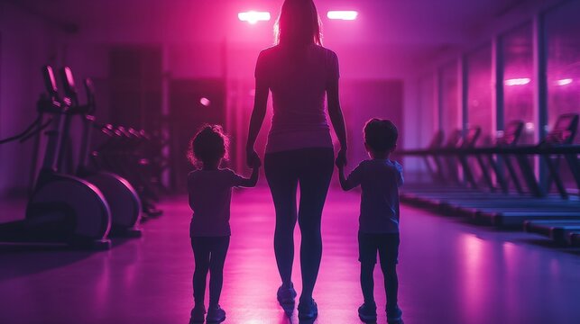 Cinematic photograph of a mother holding hand of two children. at the gym . Mother's Day. Pink and purple color palette.