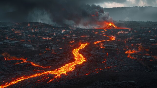 Realistic photo of the eruption of Mount Nyiragongo in the Democratic Republic of the Congo, with lava flowing through the city of Goma, the stark contrast between the urban environment and the relent