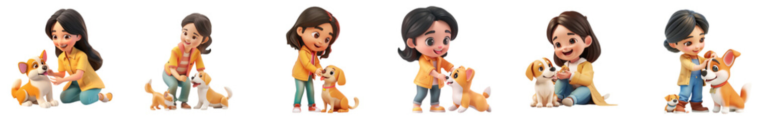  Black man mascot playing with dog, 3D cartoon illustration, isolated on transparent background, cute animated style, beautiful colors, generative ai.