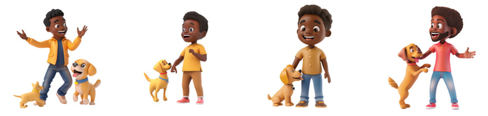 Asian woman mascot playing with dog, 3D cartoon illustration, isolated on transparent  background, cute animated style, beautiful colors, generative ai