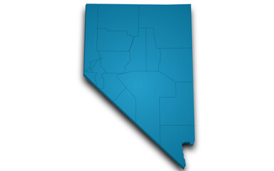 3d Map of Nevada state with counties and color. United State of America, US, United State