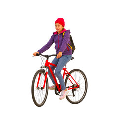 Naklejka premium Girl on Red Bicycle: A cheerful young girl rides her red bicycle, ready for adventure. The image is vibrant and full of youthful energy.