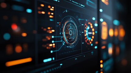 Obraz premium Futuristic digital interface featuring glowing graphs, charts, and data visualizations in a high-tech environment.