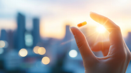hand is tossing pill into air against beautiful sunset backdrop, capturing moment of hope and health. city skyline adds dynamic touch to this vibrant scene