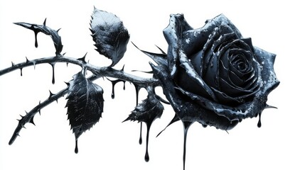 Black rose dripping with liquid on white background, symbolizing dark elegance and mystery. Artistic and dramatic floral image.