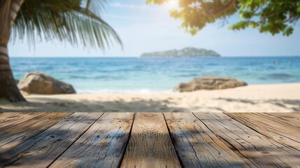 A scenic wooden table with an ocean view, perfect for showcasing food, beverages, or products in a beautiful outdoor setting, evoking a sense of relaxation and tropical escape