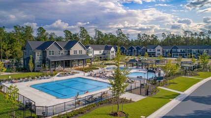 Fototapeta premium Serene suburban neighborhood with tree-lined streets, colorful flowerbeds, and cozy homes