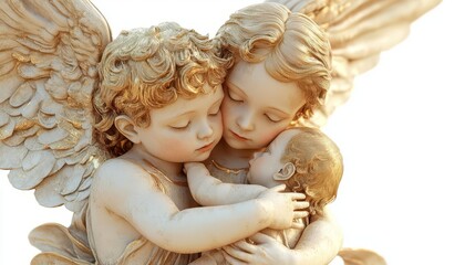 Fototapeta premium A serene sculpture of two angels holding a baby, symbolizing protection, love, and divine care, beautifully crafted in marble.