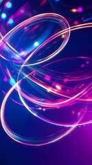 Abstract neon background with glowing light effects and dynamic curves in the shape of rings