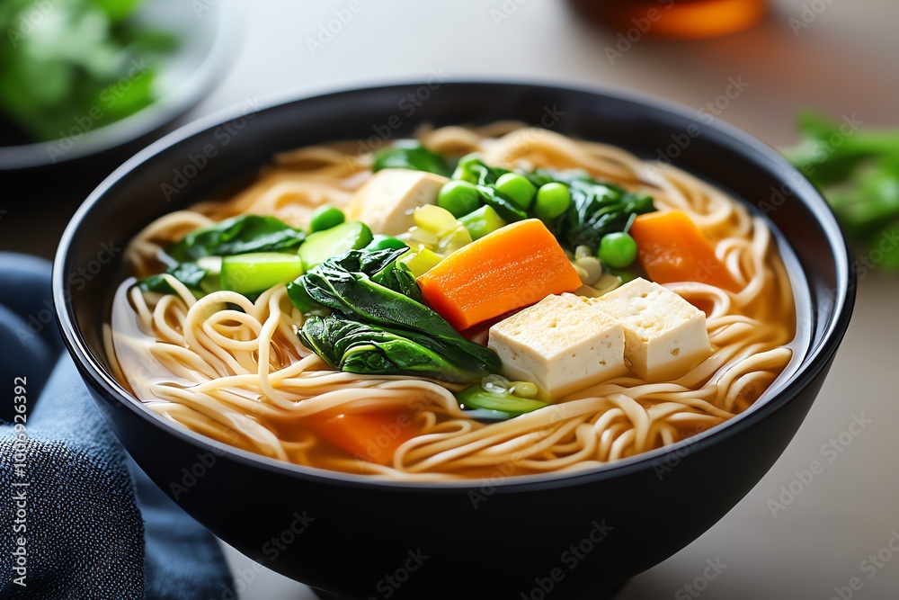 Poster a magical vegetarian noodle soup where the broth glows with mystical light, and the tofu and vegetab