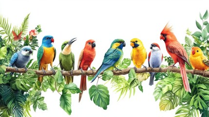 Colorful tropical birds perched on a branch with lush green leaves, capturing the vibrant beauty of nature in a vivid illustration.
