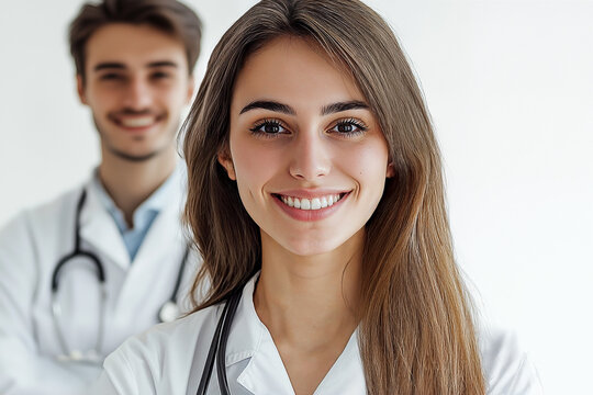 A couple of young doctors, one male and one female, stand together in a well-lit hospital setting, showcasing their enthusiasm and commitment to their residency training..x.