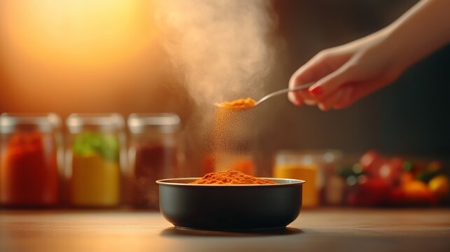 A serene moment of a person sprinkling spices over a simmering sauce in a well-lit kitchen, with an array of spices displayed artistically in the background.